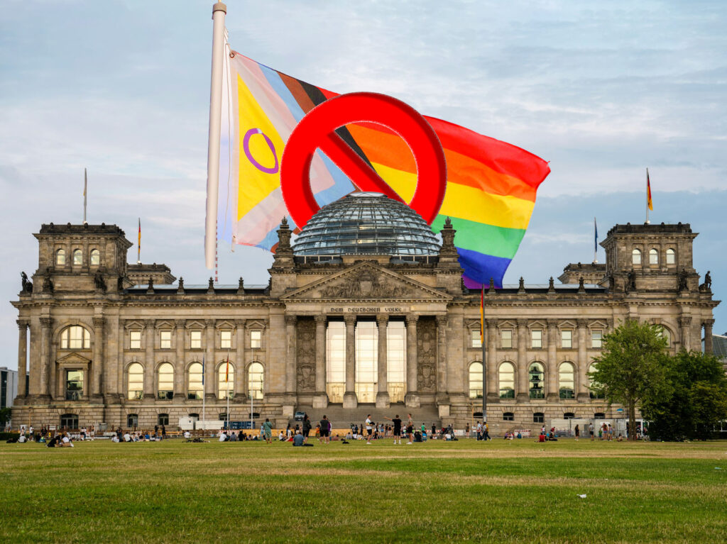 Reichstag mit durchgestrichener queerer Flagge
