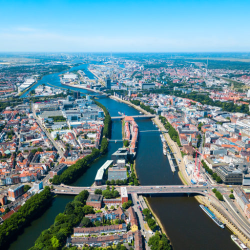 Bremen old town aerial panoramic view in Germany