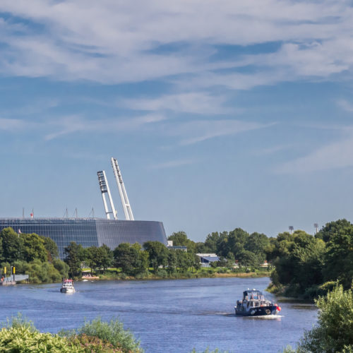 Panorama of the stadium along the river Weser in Bremen, Germany